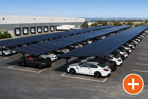 Carport with solar panels covering parked cars in a parking lot outside a warehouse