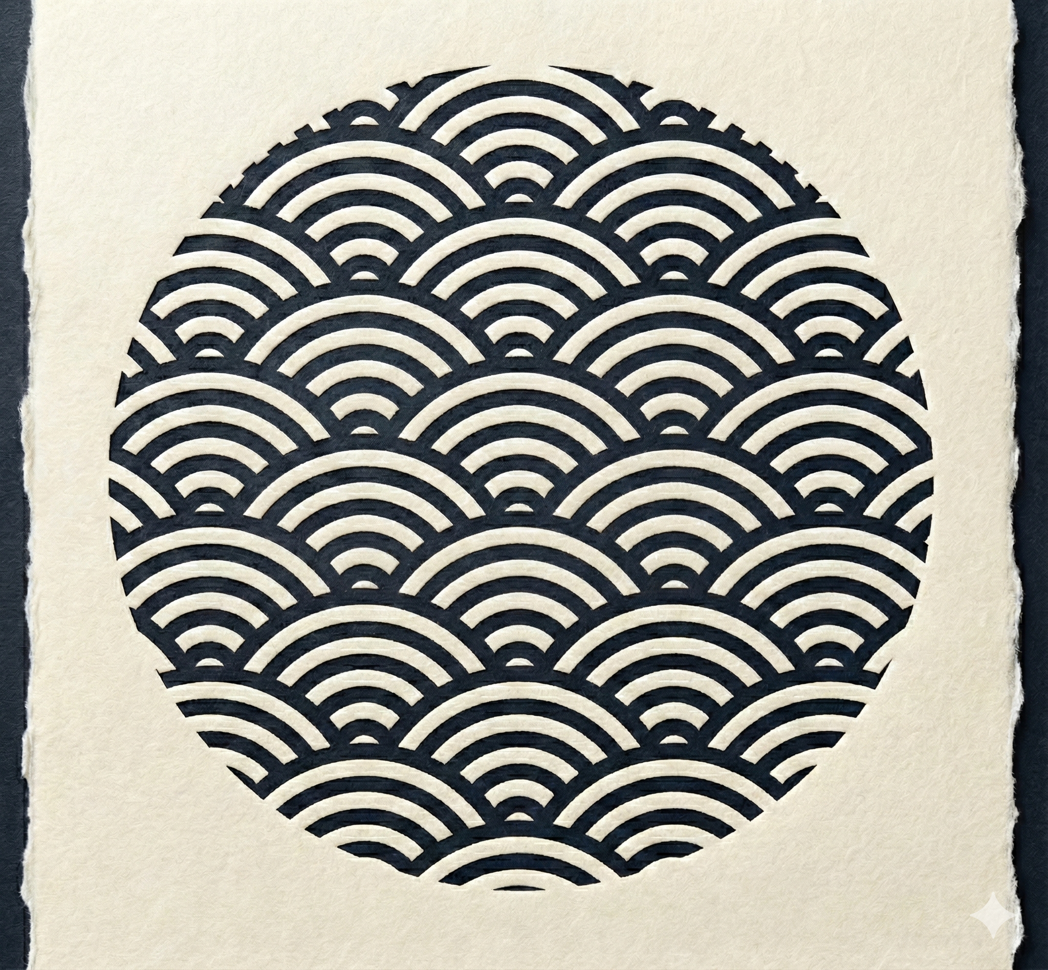 Schwarzes, geometrisches Muster aus halbkreisförmigen Linien auf cremefarbenem Hintergrund in Form eines Kreises.