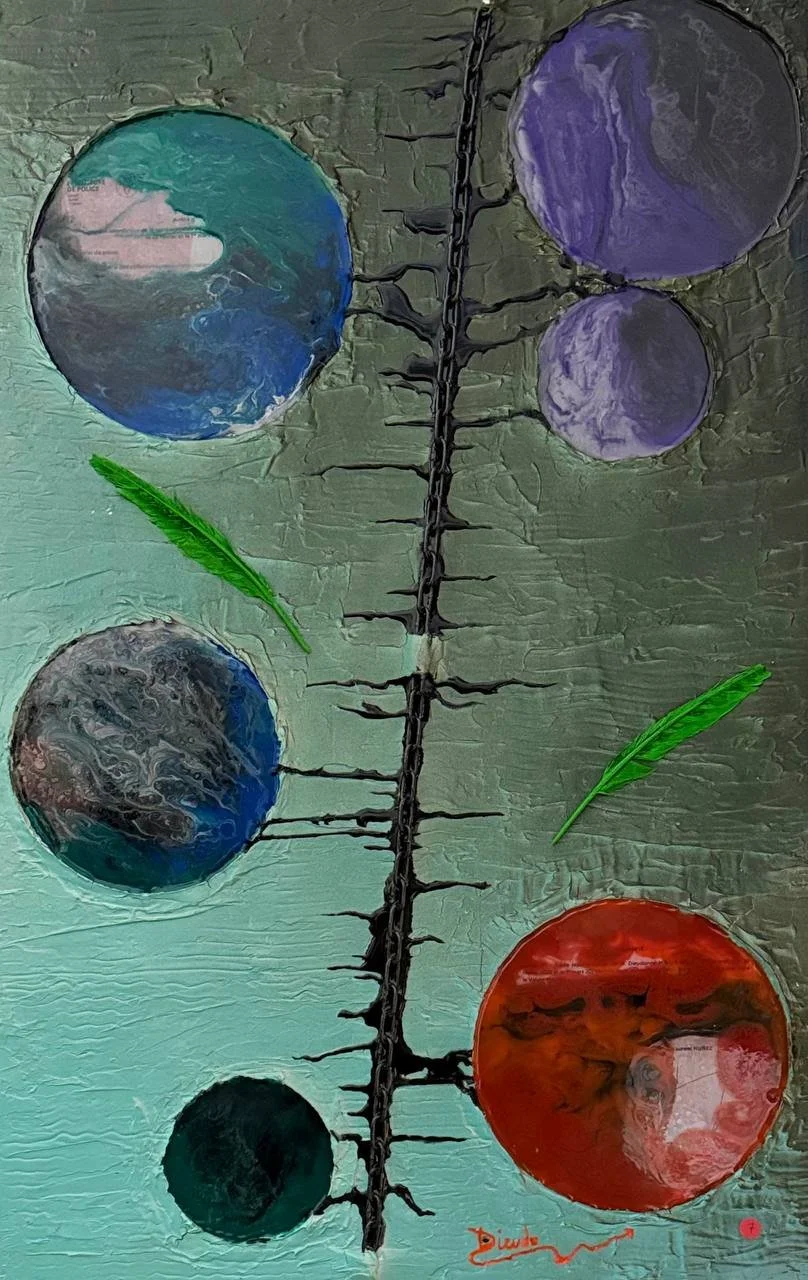 7 - Planètes et plume vertes (65x90)