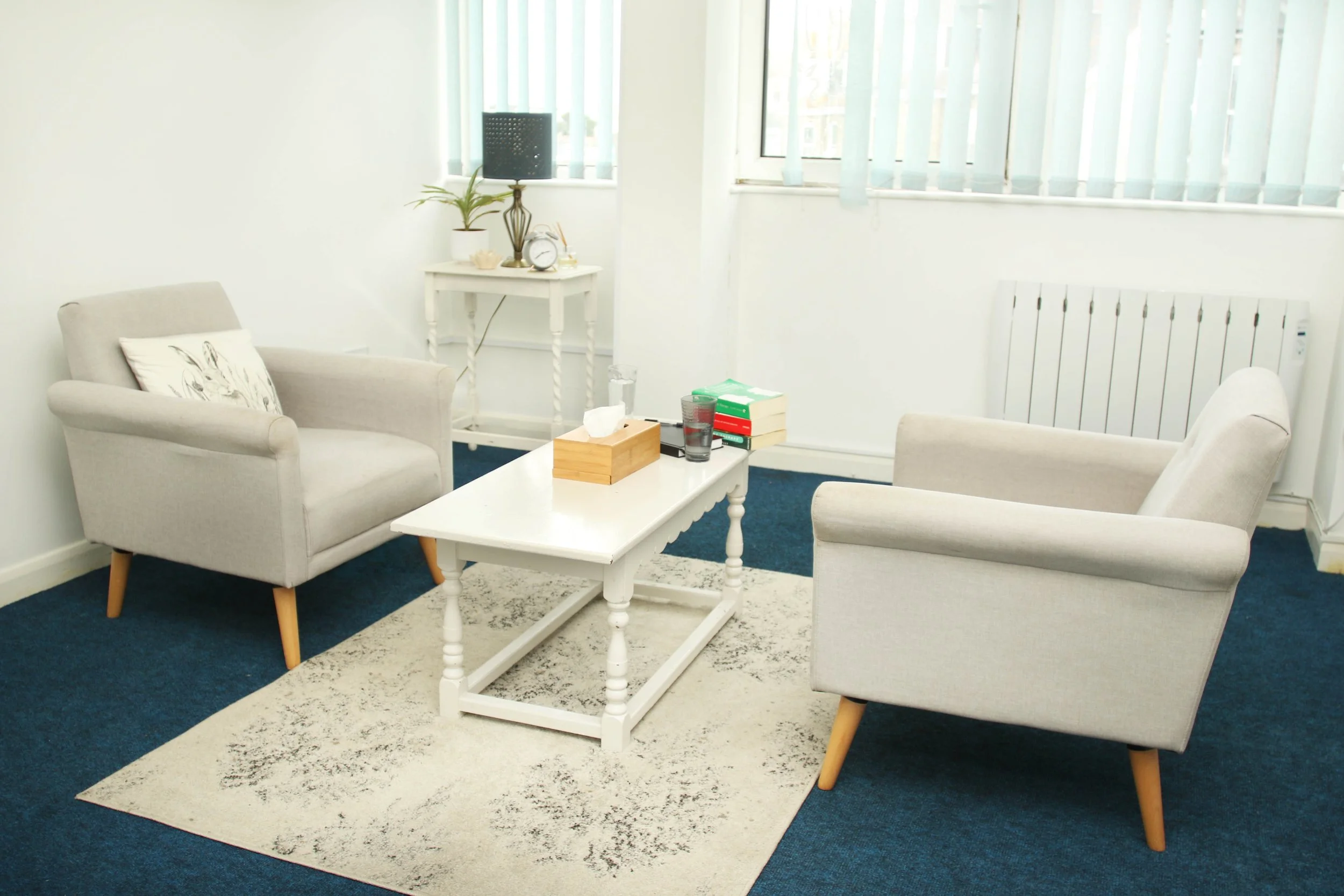 Living room with two light beige sofas facing each other, white coffee table in center, books, tissues, and glasses on table, blue carpet, white walls, window with vertical blinds, small white side table with lamp and plants in corner.