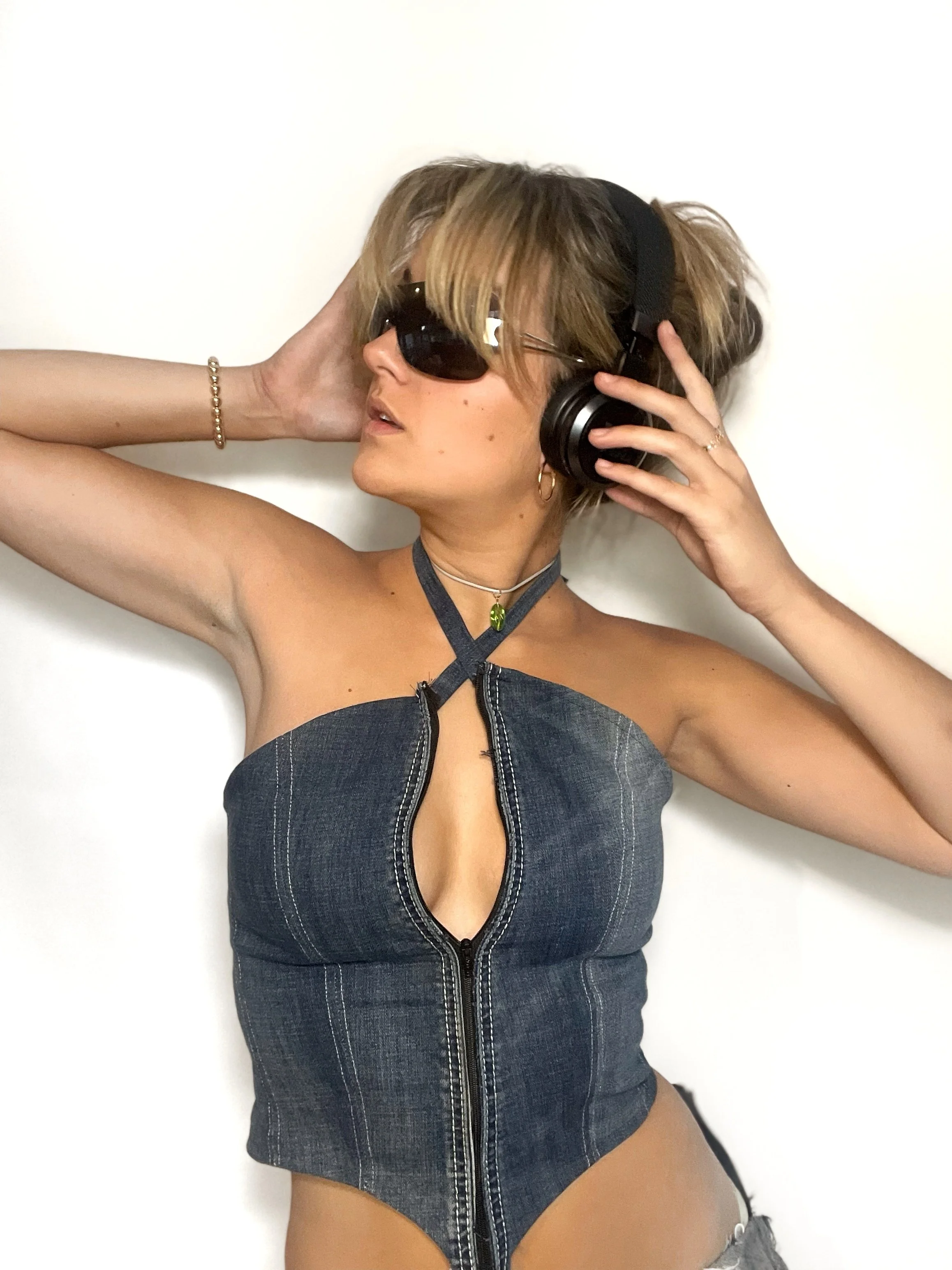 Front-Zip Denim Halter Top