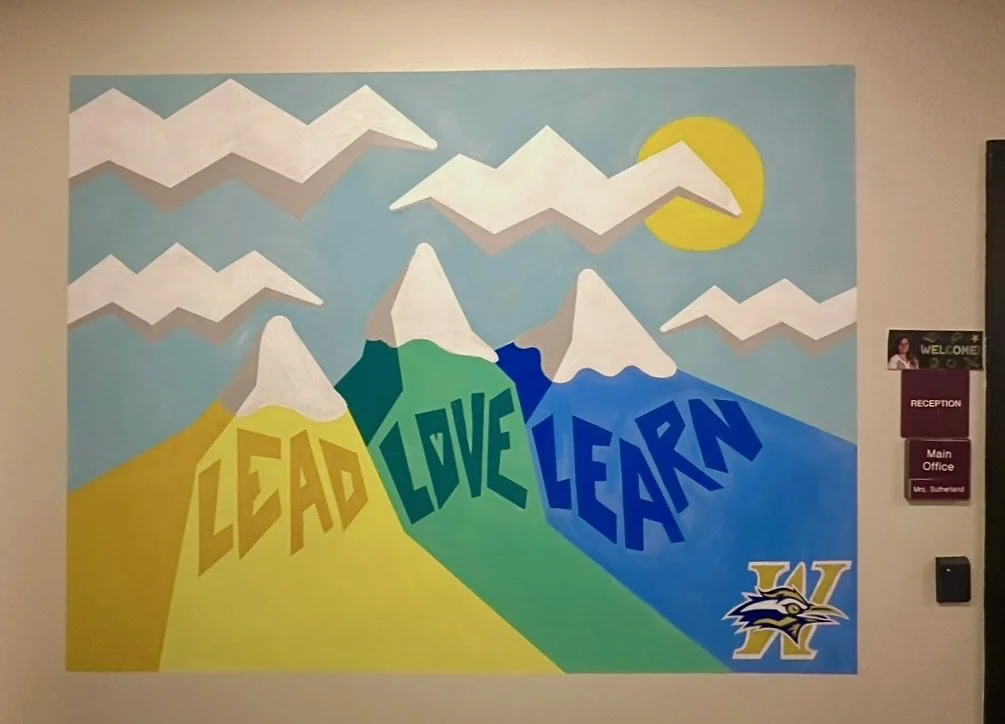"Westgate Motto Mural" (designed and painted by KC) featuring Westgate school motto "Lead, Love, Learn" (2024).