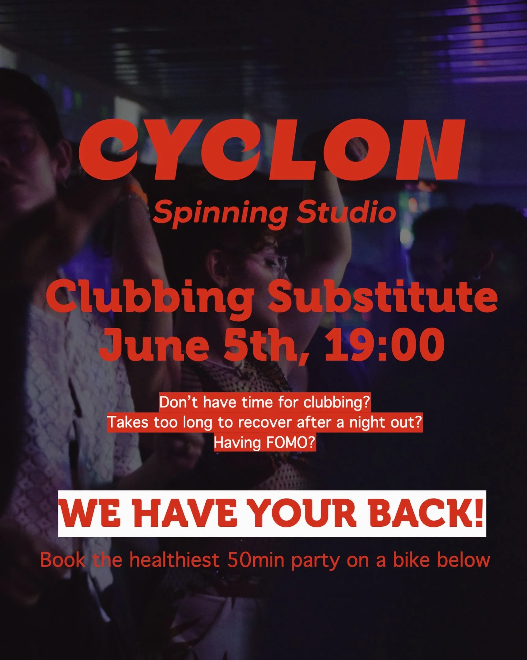 Our first Friday night class 5th of June at 19:00
Don&rsquo;t have time for clubbing? Takes too long to recover after getting trashed? Having FOMO? CYCLON has your back! Book your healthiest 50 min party on a bike on www.cyclonspinning.com