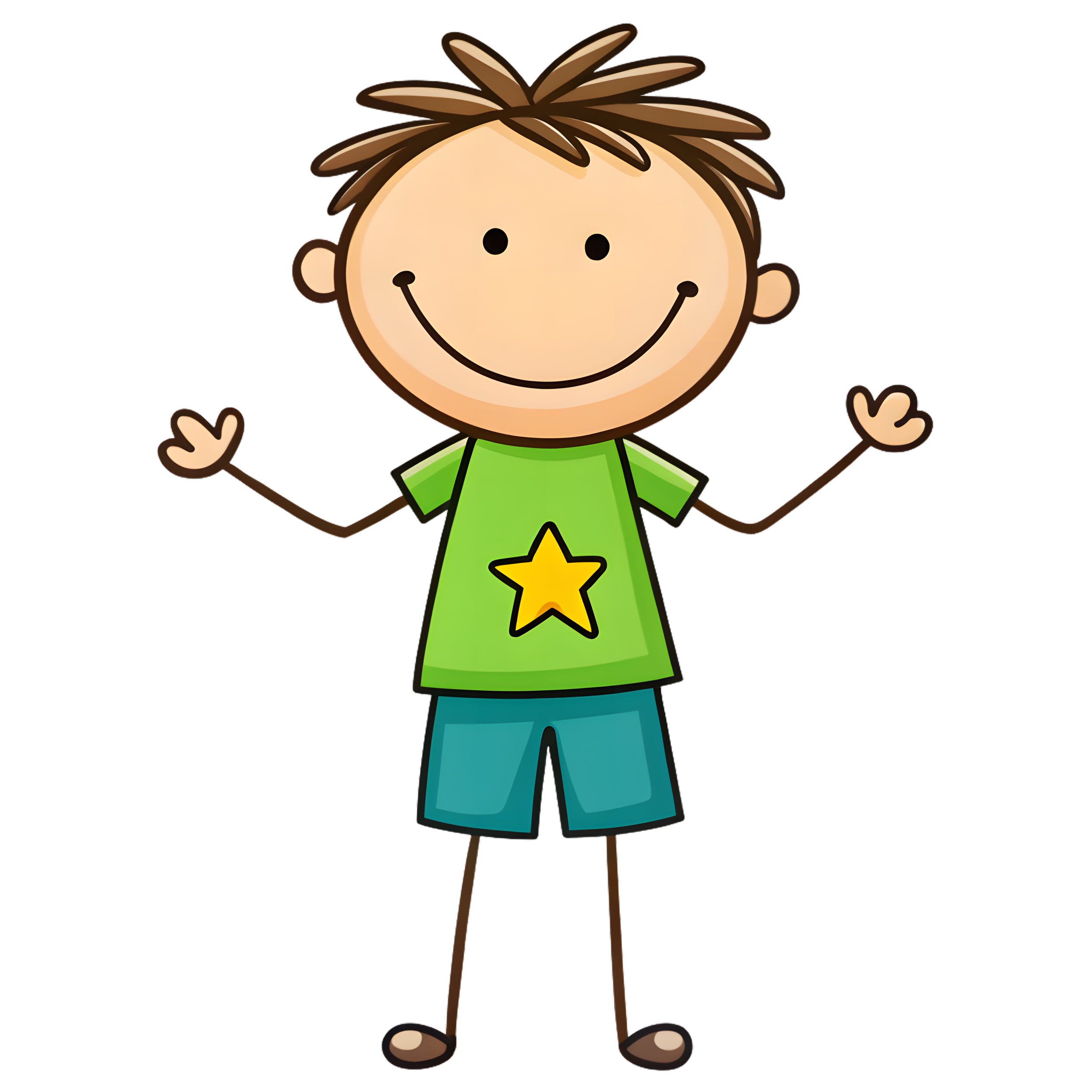 A cartoon boy with spiky brown hair, smiling and waving, wearing a green shirt with a yellow star on it and blue shorts.