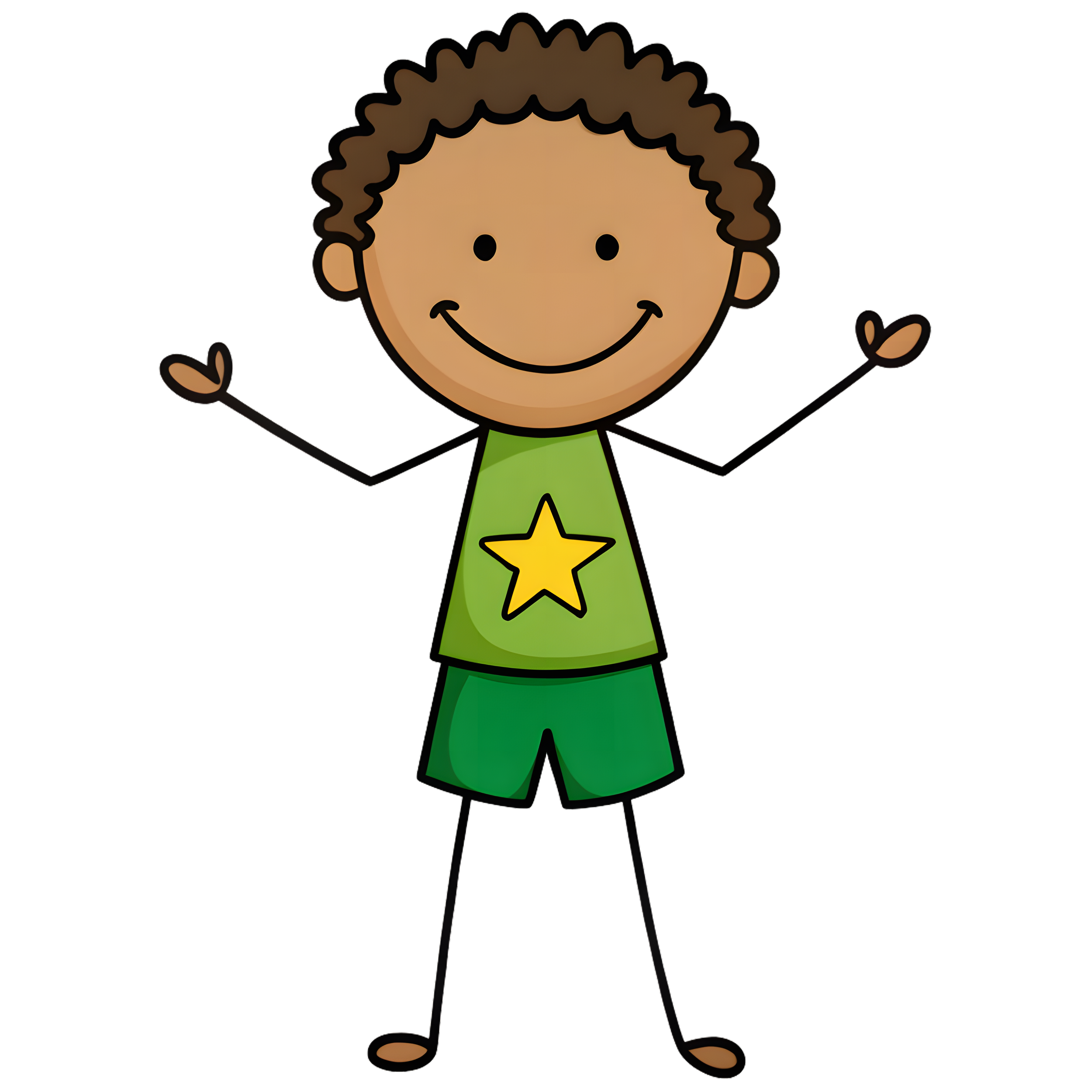 Cartoon child with curly hair, smiling, arms raised, wearing a green shirt with a yellow star and green shorts.