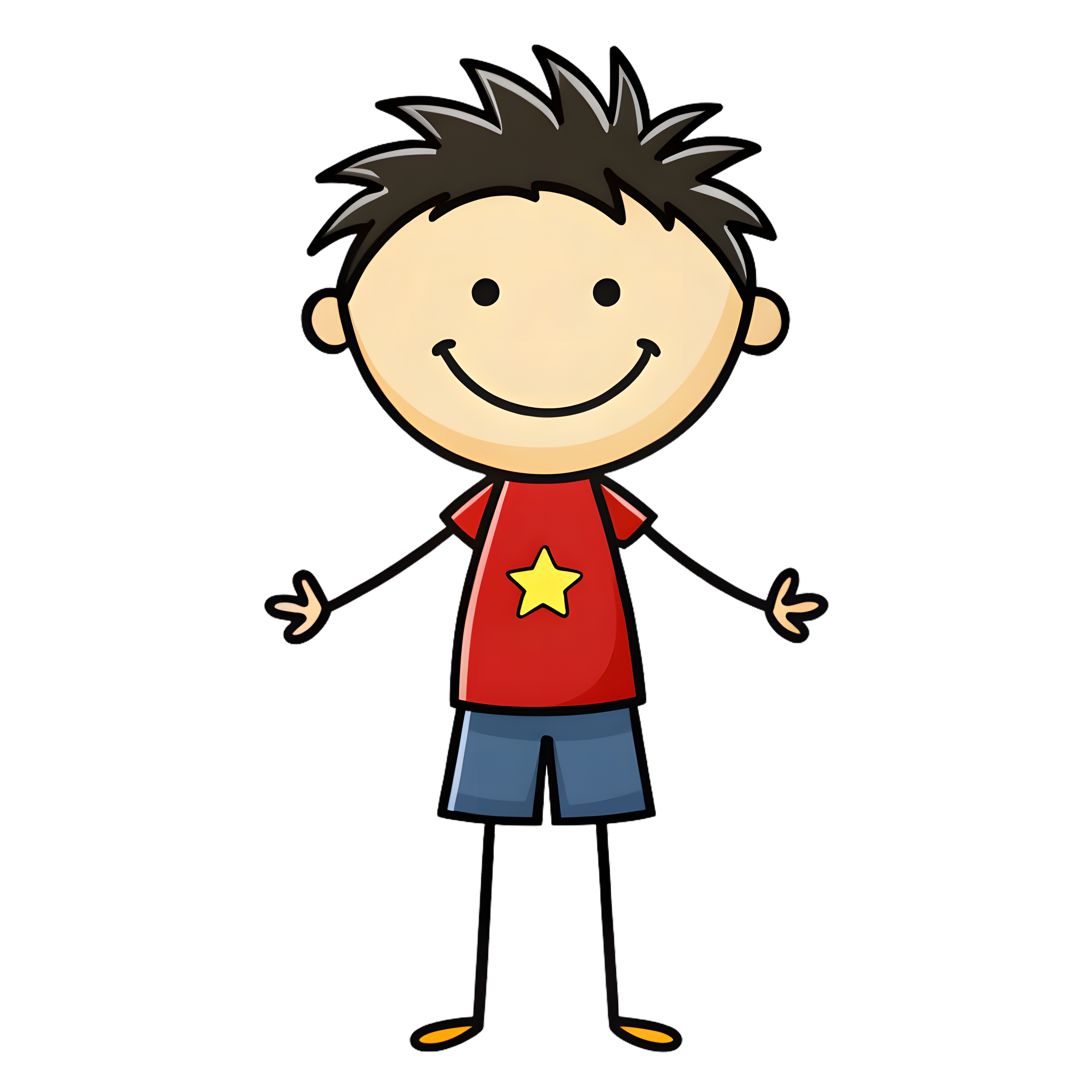 A cartoon boy with spiky dark hair, smiling, wearing a red shirt with a yellow star, blue shorts, and orange shoes.