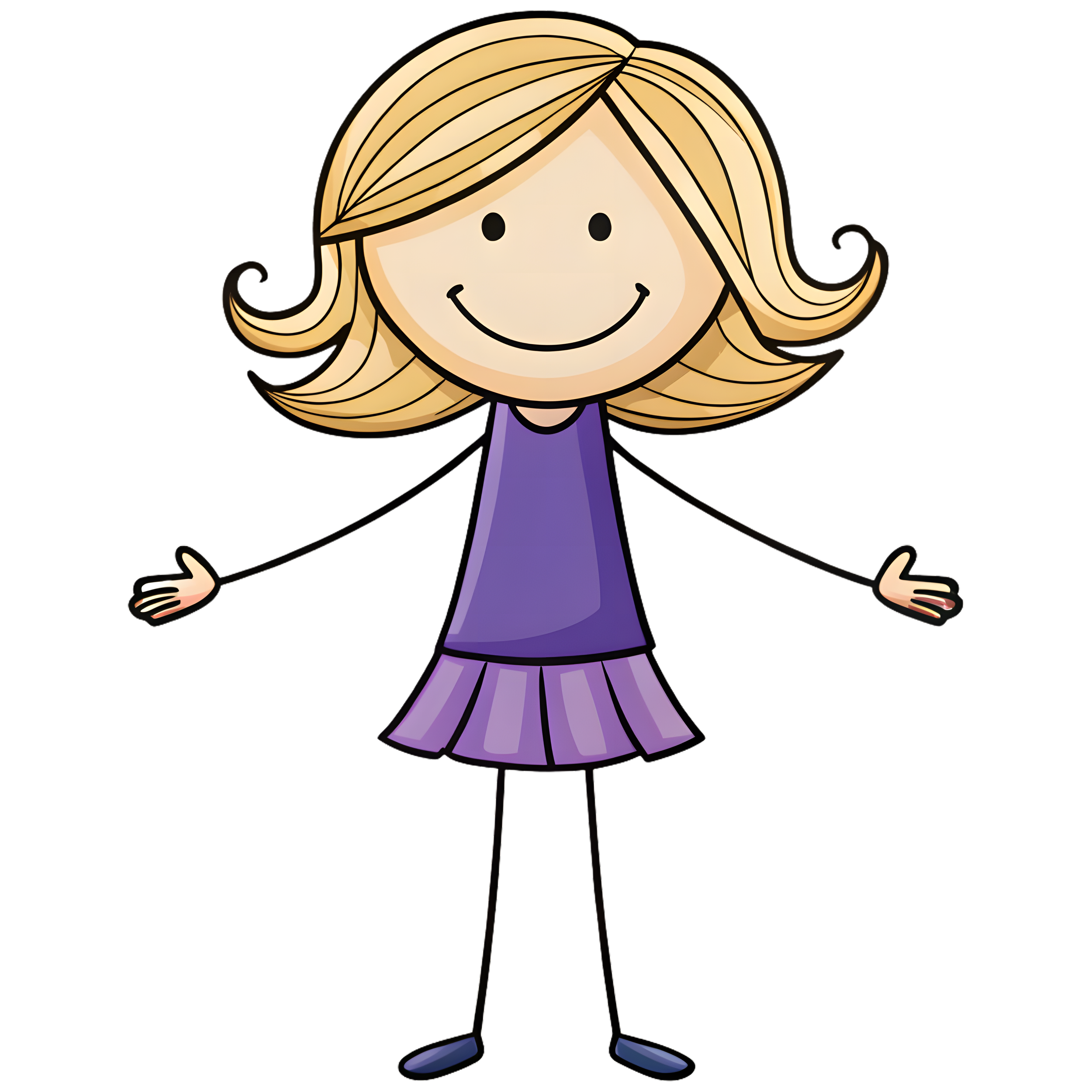 Cartoon girl with blonde hair, smiling, wearing a purple dress and skirt, with arms outstretched.