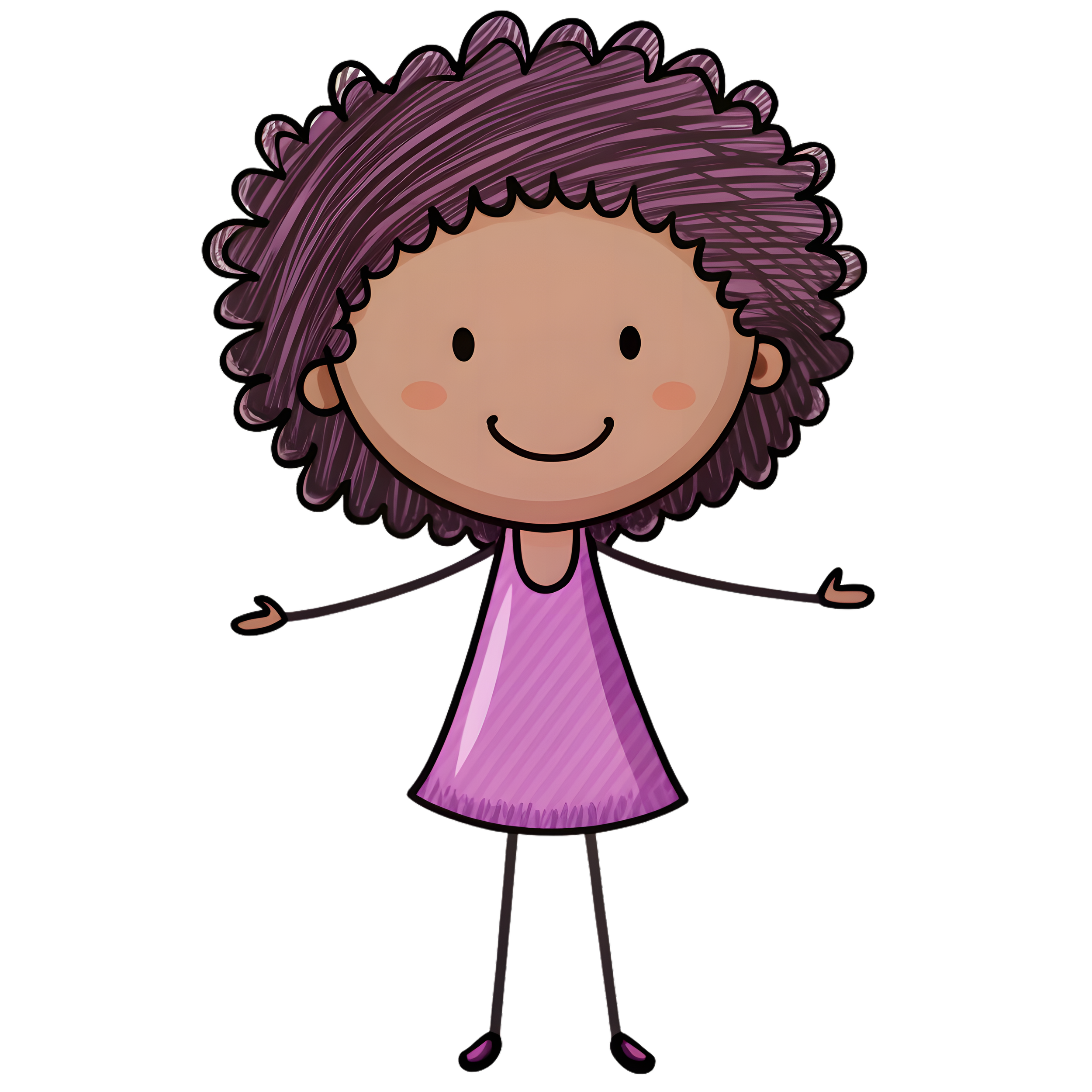 Cartoon girl with curly purple hair, wearing a pink dress, smiling, with arms open.