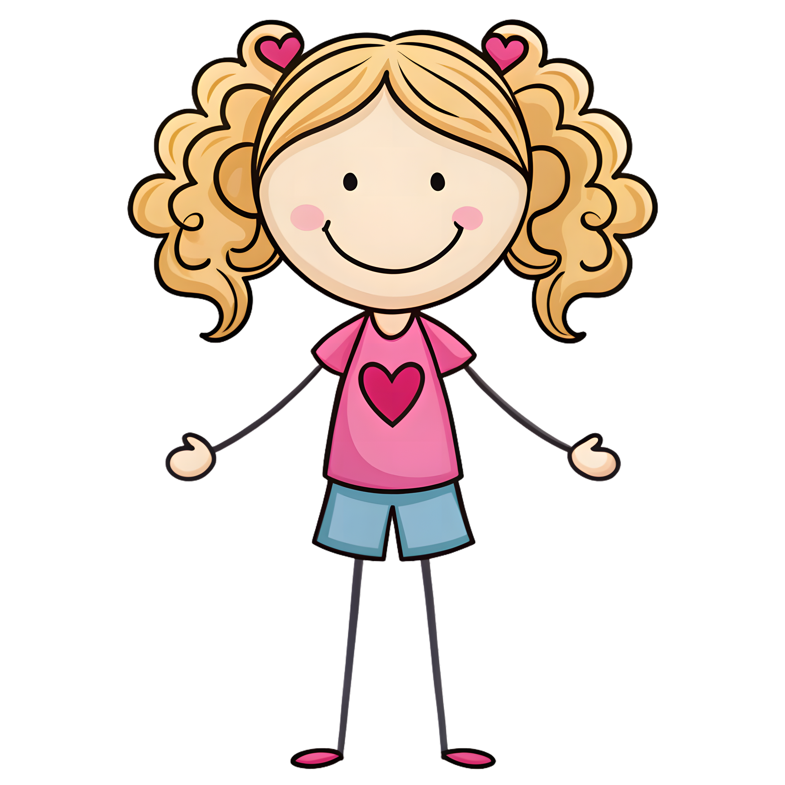 Cartoon girl with curly blonde hair in pigtails, wearing a pink shirt with a heart, blue shorts, and pink shoes, smiling with arms outstretched.