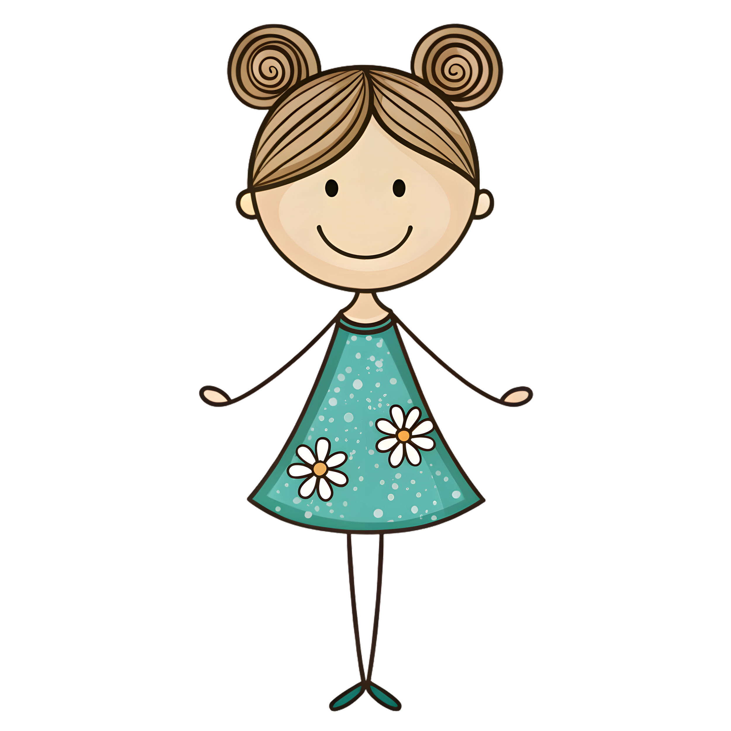 A cartoon girl with a big smiling face, brown hair styled in two buns, wearing a turquoise dress with white flowers and dots, and black shoes.