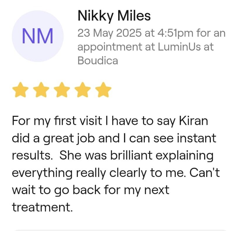 Review sample from a patient named Nikky Miles about a visit to Boudica for an appointment at LuminUs, praising Kiran for excellent service, with a 5-star rating.