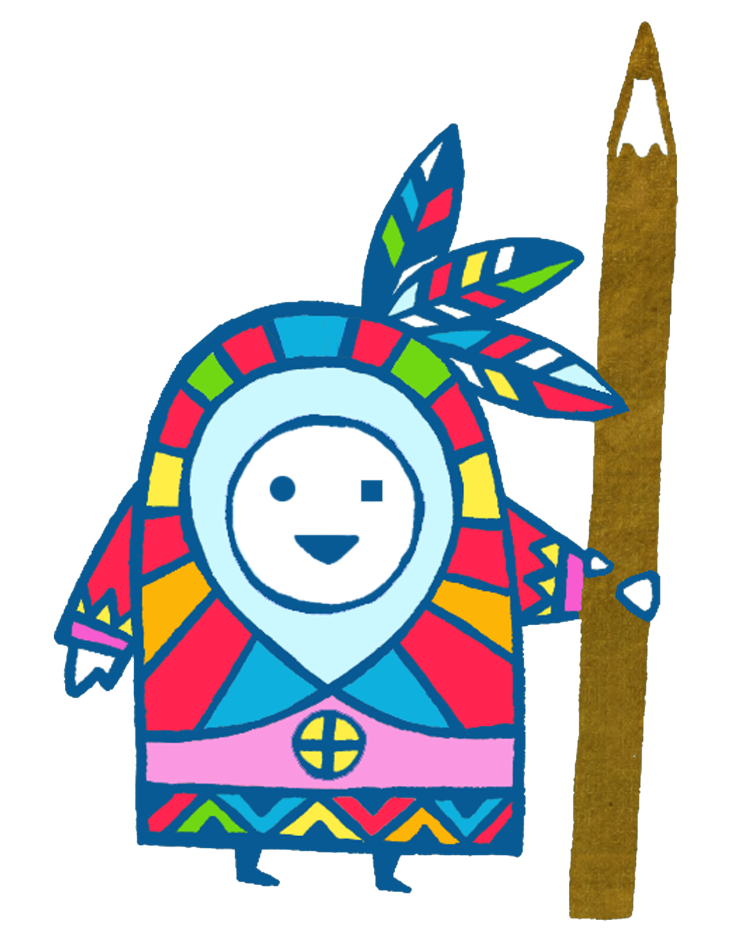 Cartoon character with a round smiling face, colorful clothing, and feathers, holding a large brown pencil.