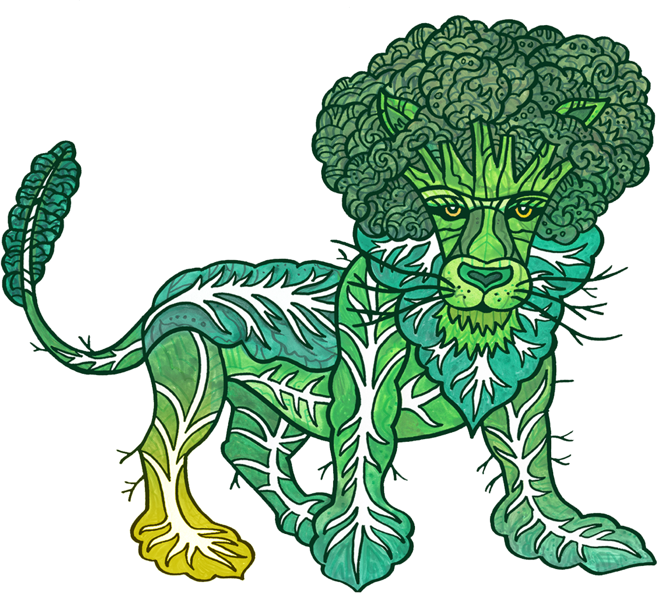 A stylized illustration of a lion with a leafy, botanical design. The lion's mane, face, and body are composed of green and yellow leaves and plant patterns.