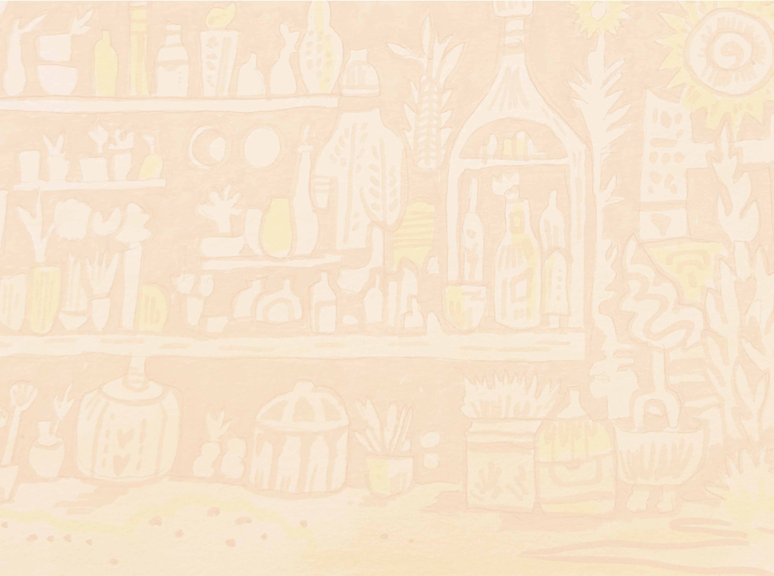 A faint, pastel-colored illustration of a kitchen shelf filled with various bottles, jars, and kitchen utensils.