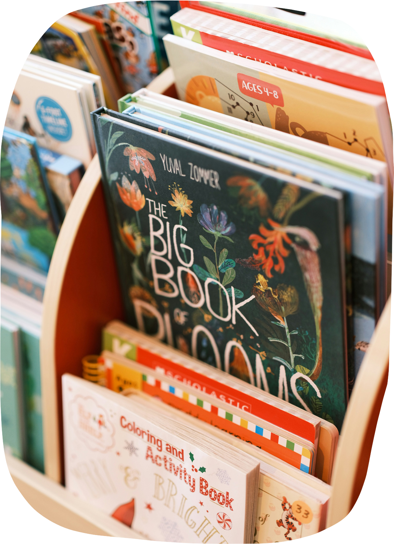 Books on a wooden bookshelf, including 'The Big Book of Dinosaurs' and a coloring and activity book with Christmas theme.