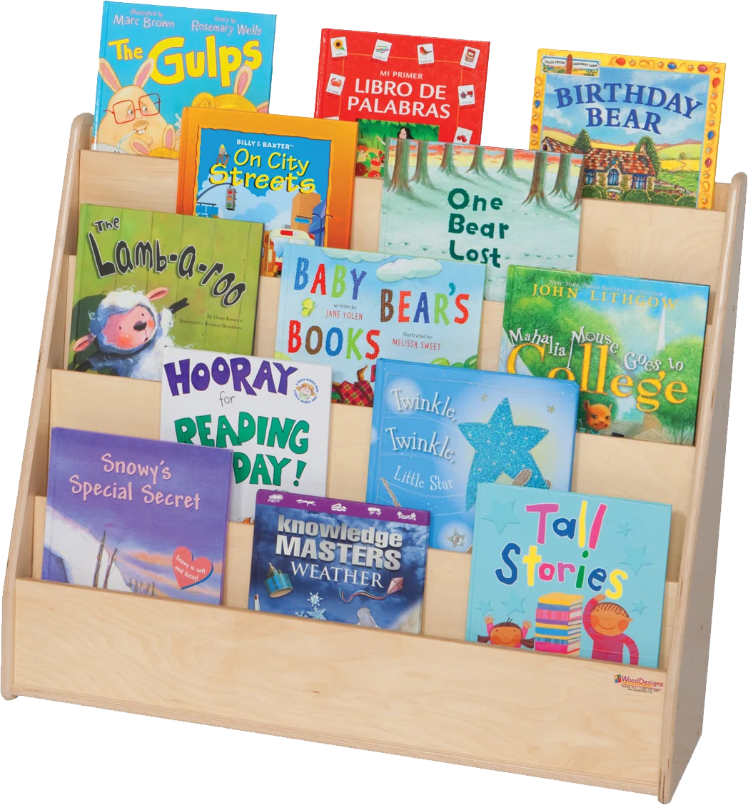 A wooden display rack holding children's books featuring titles like "The Gulps", "On City Streets", "Lamb-a-roo", "Baby Bear's Books", "Hooray for Reading Day!", "Snowy's Special Secret", "Knowledge Masters Weather", "Tall Stories", "Twinkle Twinkle Little Star", "One Bear Lost", "Birthday Bear", "Mi Primer Libro de Palabras", and "Maha Mia Goes to College."