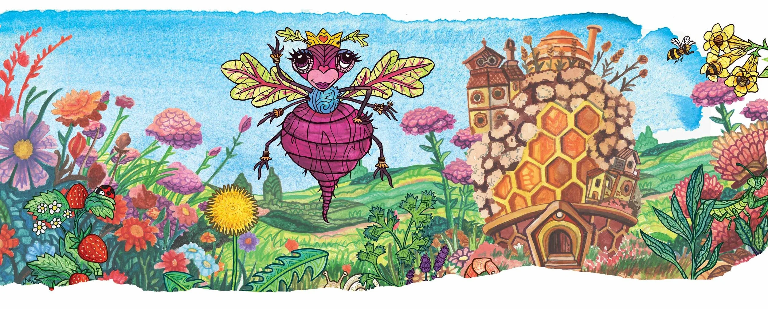 Colorful illustration of a garden scene with various flowers, a bug with fairy wings, a beehive, and a bee flying in the sky.