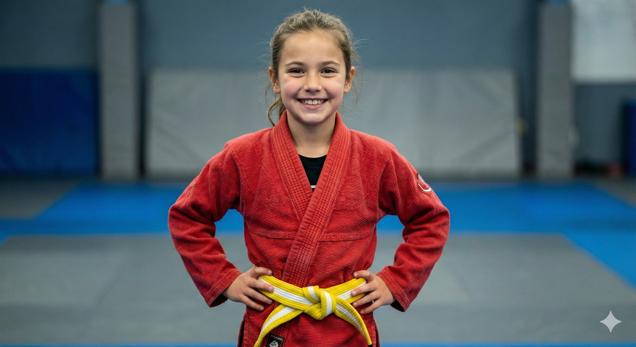 Young girl in a red Brazilian Jiu-Jitsu gi with yellow belt standing confidently in gym