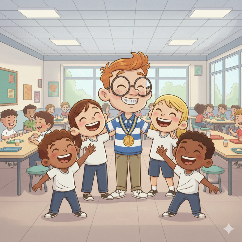 Children in a classroom celebrating as a boy with glasses, braces, and a gold medal stands in the center with friends around him, all smiling and happy.