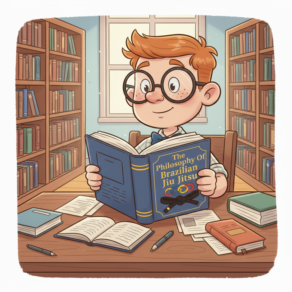 A young boy with freckles, red hair, glasses, and a bow tie, sitting at a desk in a library, smiling while reading a book titled 'The Philosophy of Brazilian Jiu Jitsu'. The desk has open books, papers, and pens, with shelves of books and a window in the background.