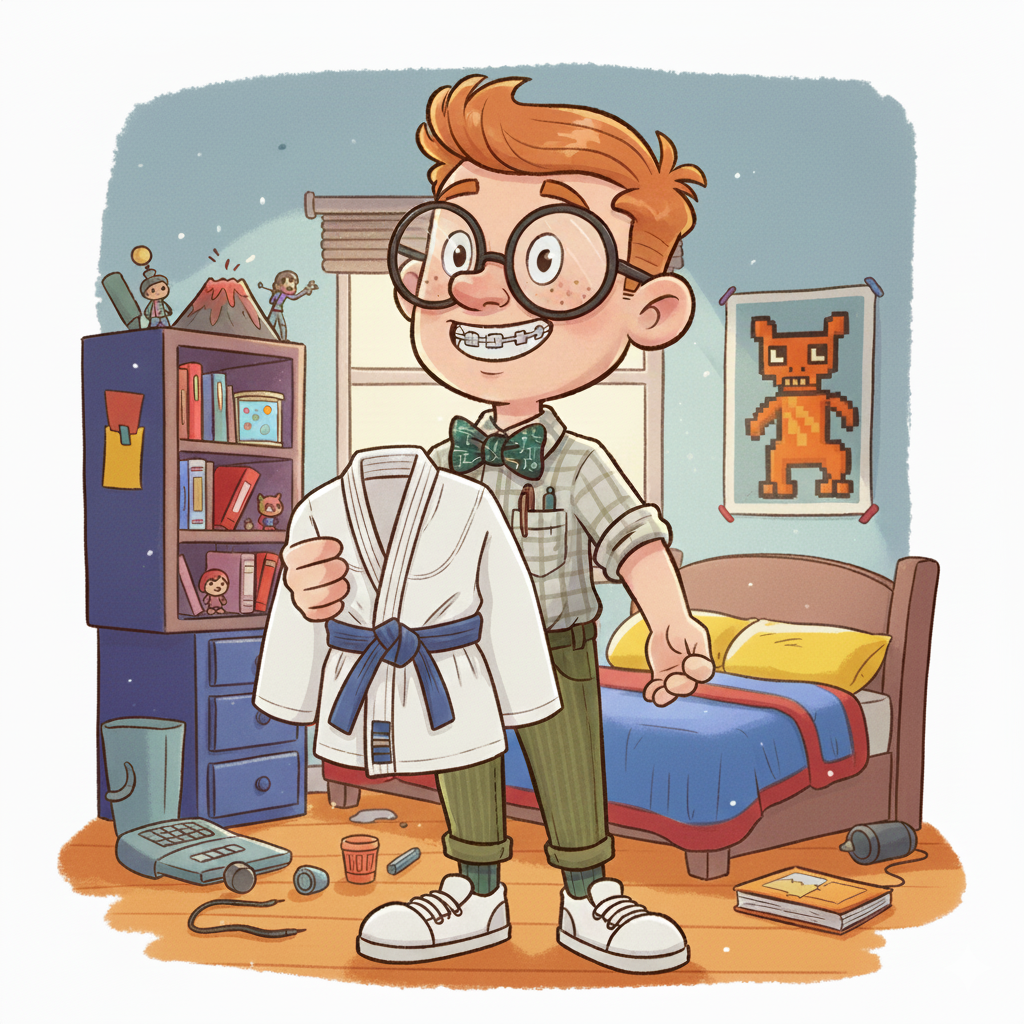 A young boy with glasses and braces in a cluttered bedroom, holding a martial arts uniform, smiling cheerfully.