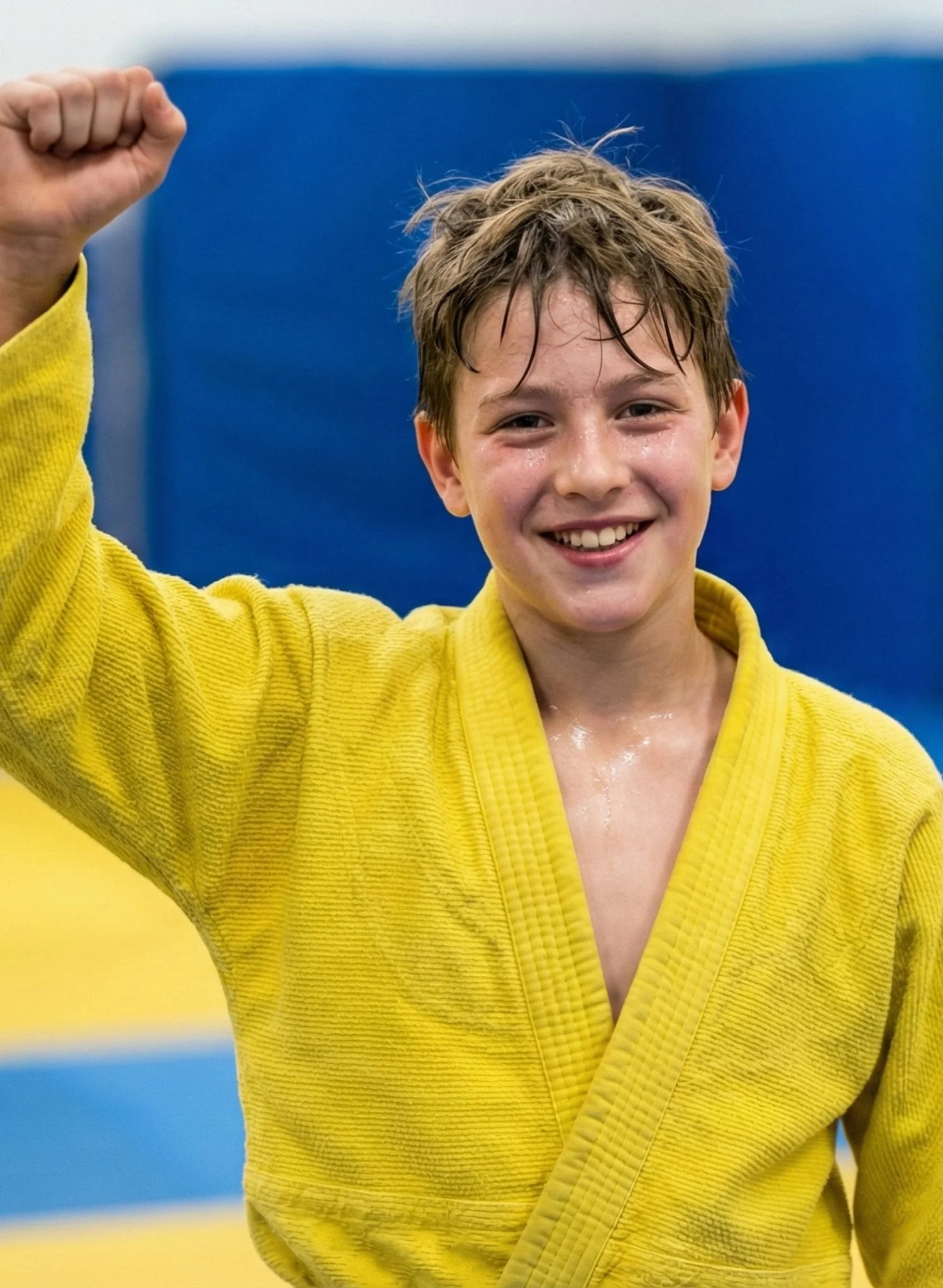 Young boy in a yellow judo gi smiling and raising his fist in victory, wet from training, with a blue and yellow mat background.