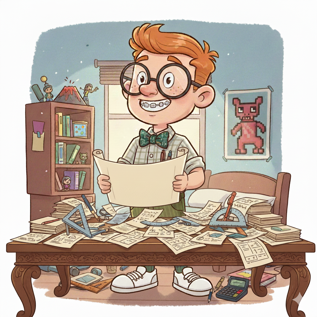 A young boy with glasses, braces, and a bow tie stands at a cluttered desk holding a large sheet of paper. The desk is filled with papers, a ruler, a protractor, and a calculator. The boy has a happy expression. Behind him is a room with a bookshelf, a poster of a pixelated monster, and a small figurine on top of the storage unit. The room is lively with a science and fun theme.