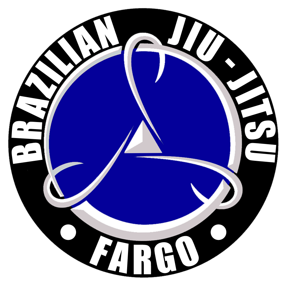 Logo with a stylized blue and white fish design, surrounded by the text 'Brazilian Ju-Jitsu Fargo' in a circular arrangement.