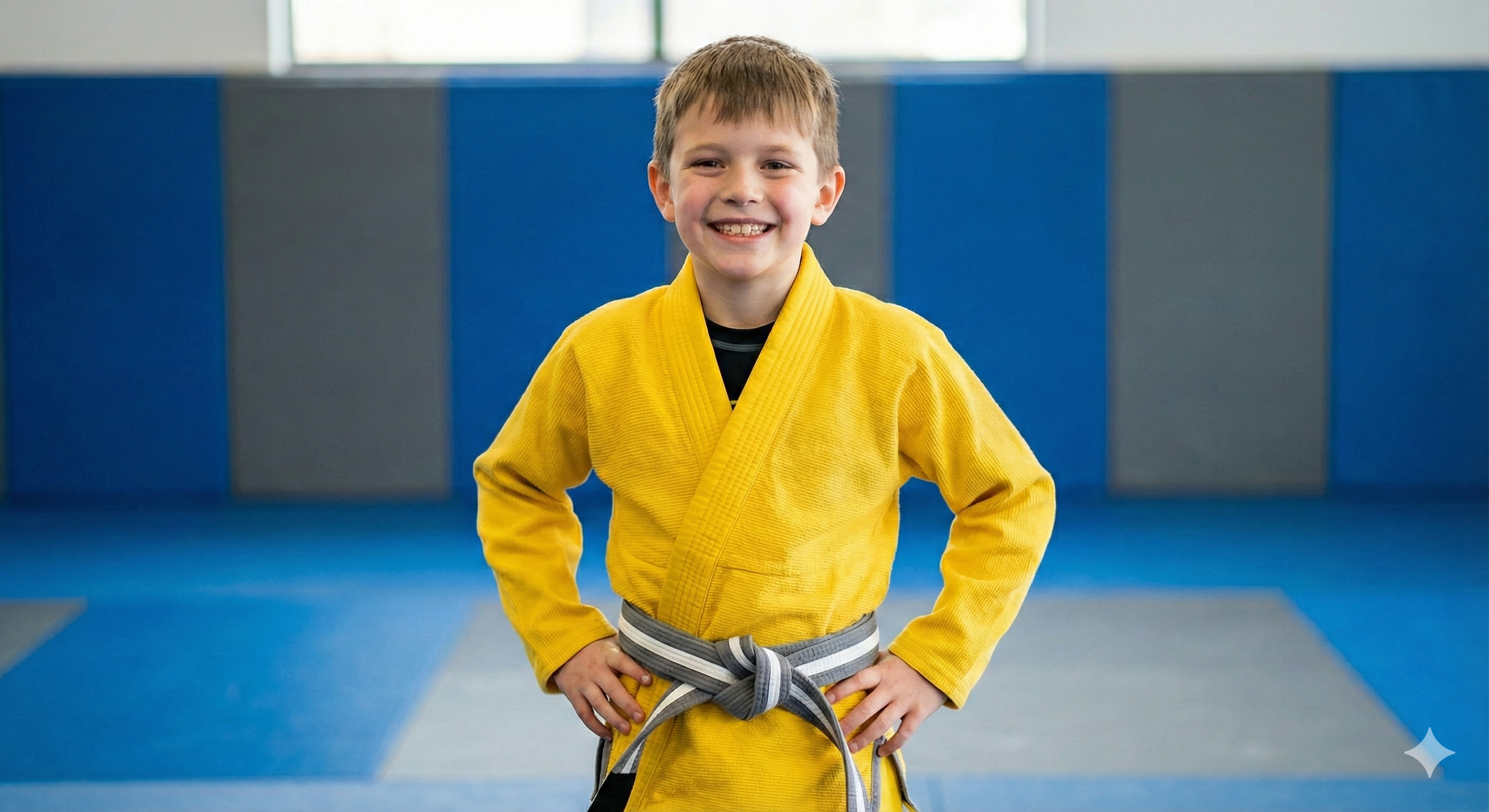 Young boy in a yellow judo gi with a gray belt, standing in a martial arts dojo with blue and gray mats, smiling with hands on hips.