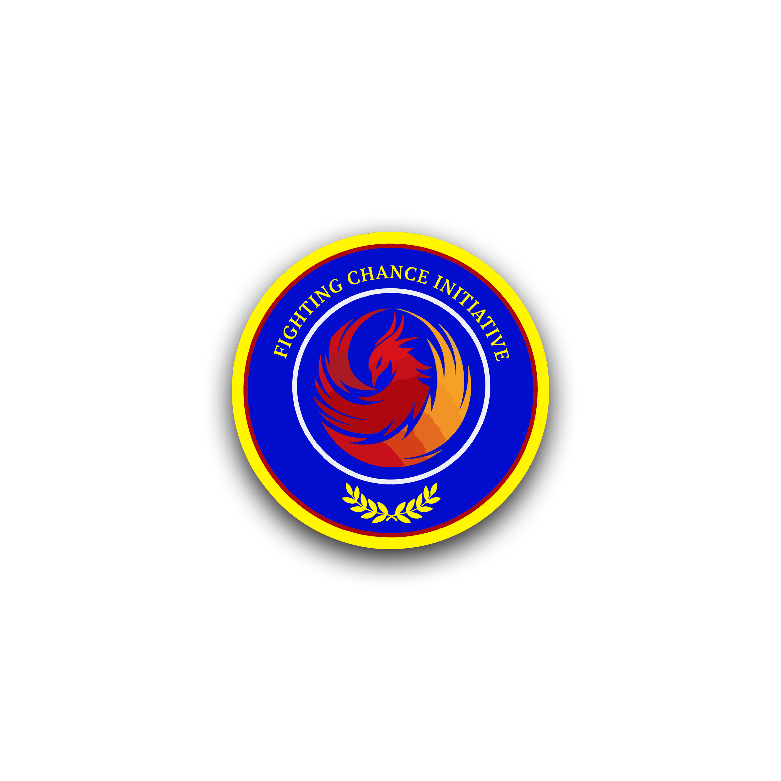 A circular emblem with a blue background and yellow border. It features a stylized phoenix in red and orange flames at the center, surrounded by the words "FIGHTING CHANCE INITIATIVE" at the top and a gold laurel branch at the bottom.