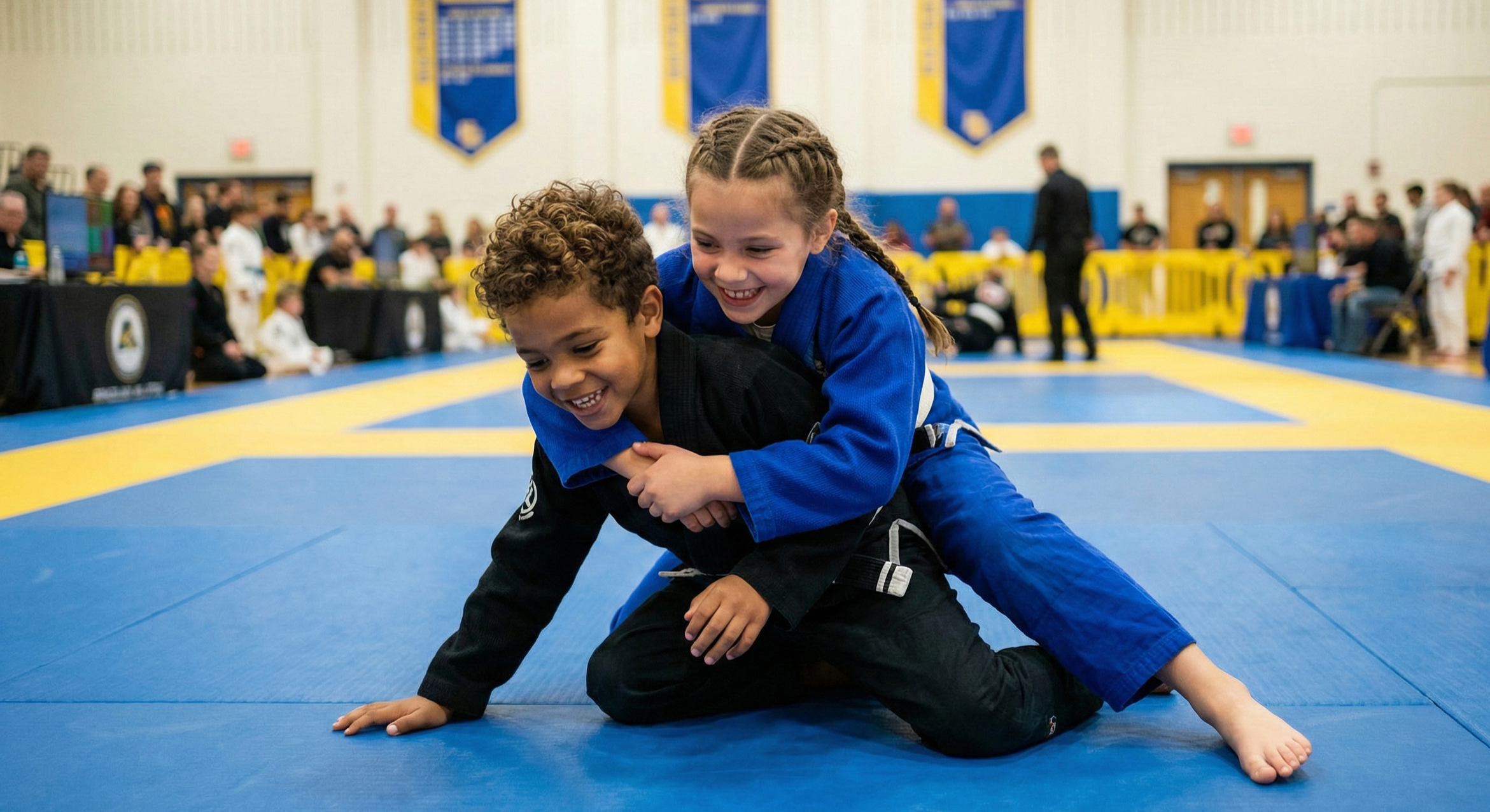 Two children practicing Brazilian Jiu-Jitsu on blue and yellow mats during a tournament, with spectators and officials in the background.