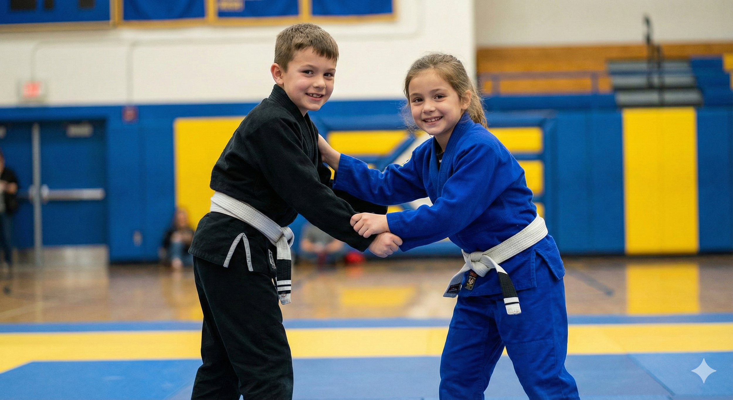 Two children wearing martial arts uniforms and belts are smiling and holding each other's hands in a gymnasium or dojo.