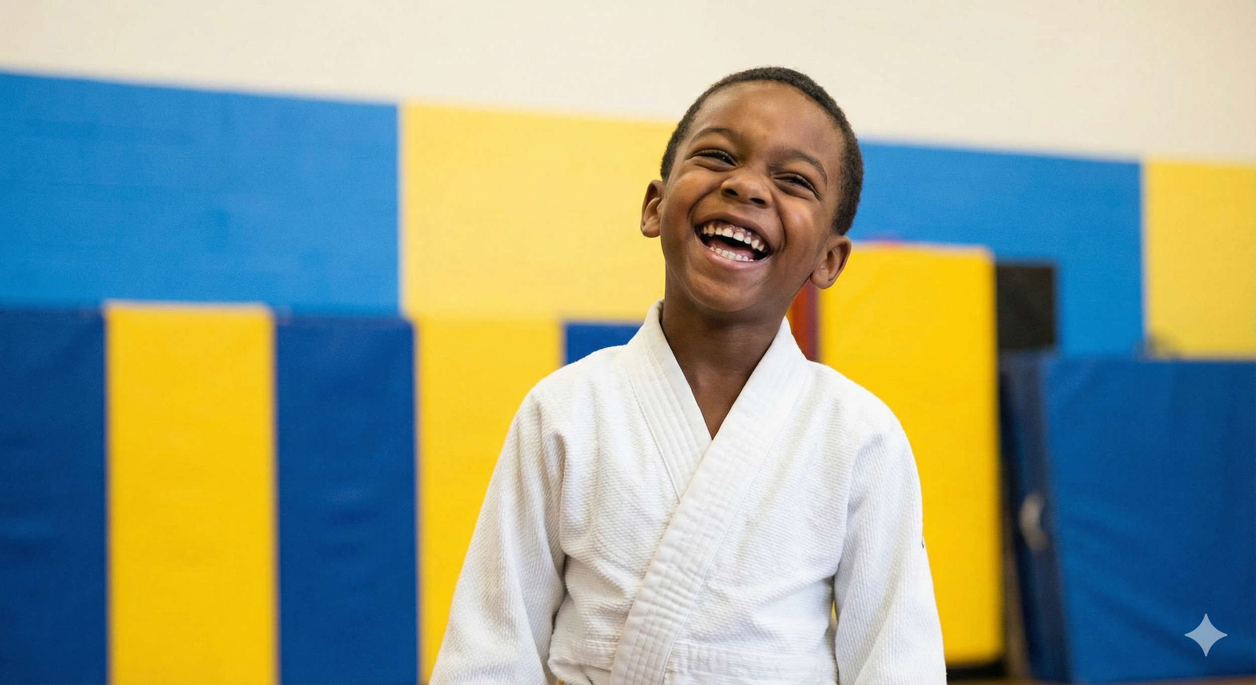 Young boy in a judo gi smiling in a martial arts dojo with blue and yellow padded walls.