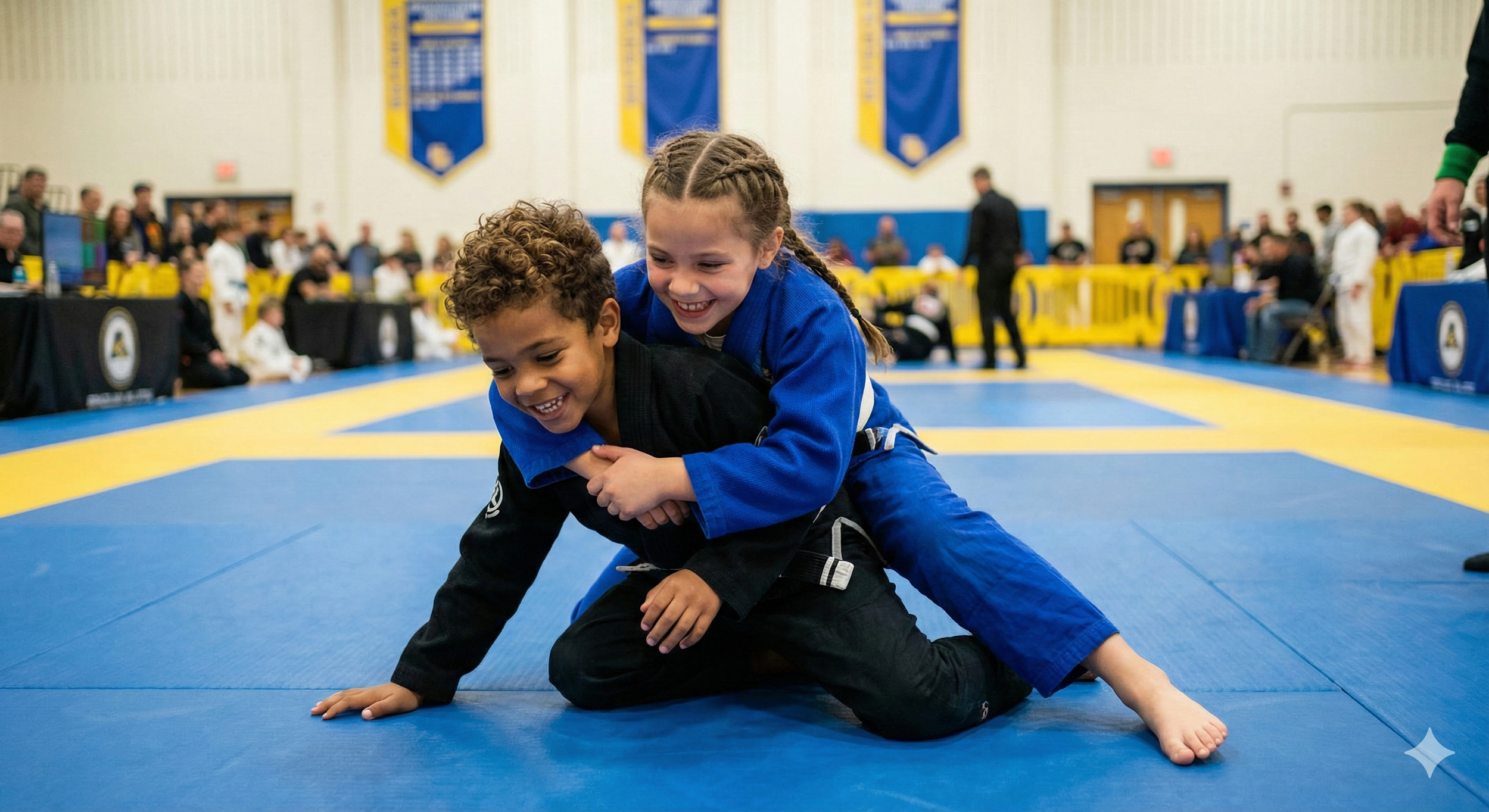 Two children competing in a Brazilian Jiu-Jitsu match, with one in a blue gi on top of the other in a black gi, both smiling, in a gymnasium with banners and spectators in the background.