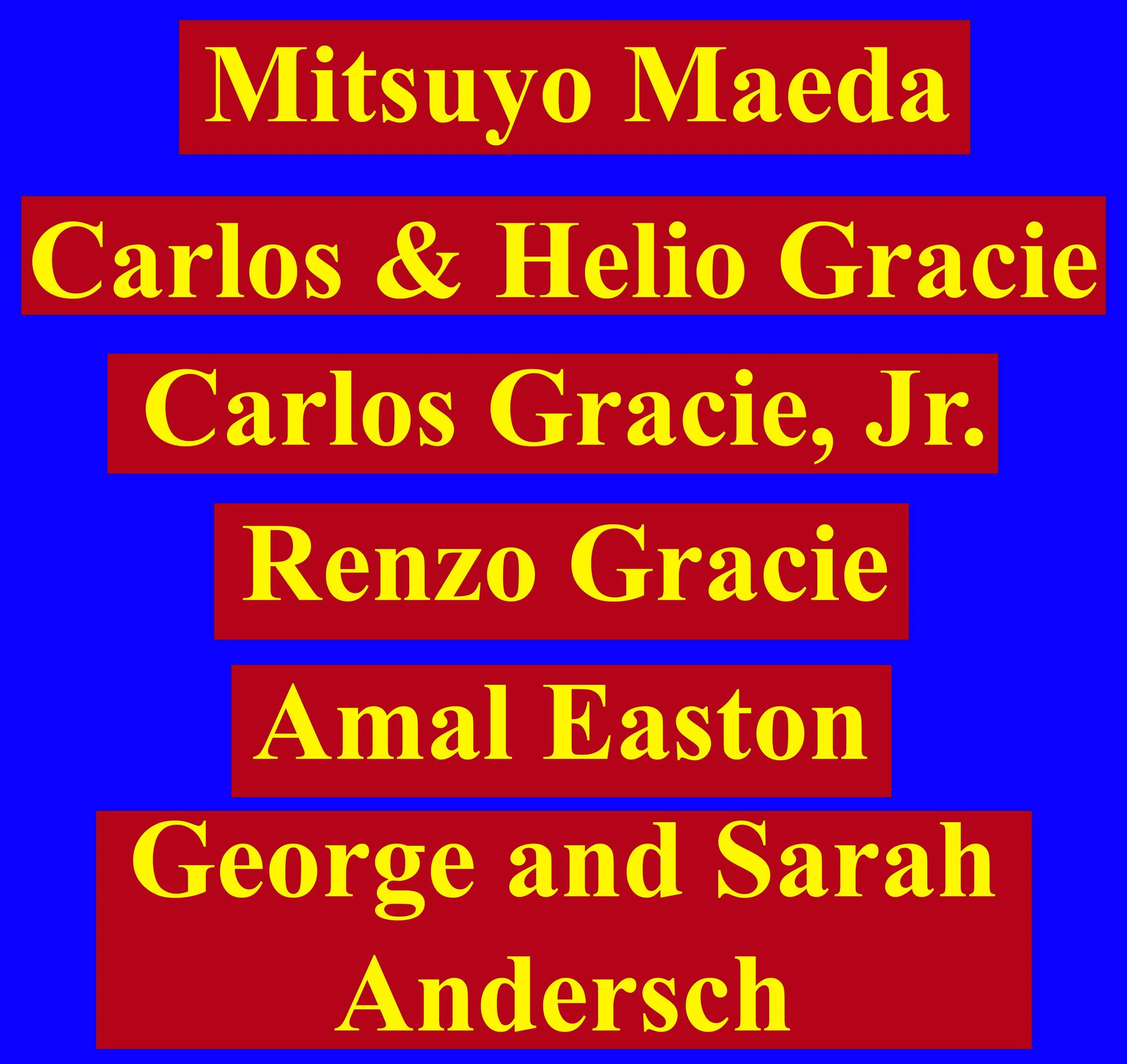 List of names on a blue background with red rectangles behind each name, written in yellow font. Names include Mitsuyo Maeda, Carlos & Helio Gracie, Carlos Gracie Jr., Renzo Gracie, Amal Easton, and George and Sarah Andersch.