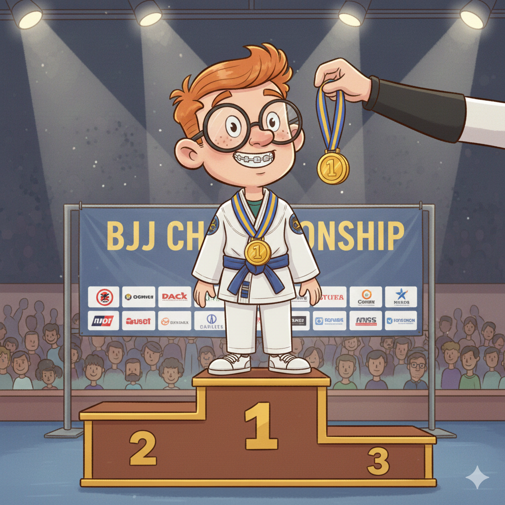 A young boy with glasses and braces standing on the first-place podium at a BJJ championship, holding a gold medal while an official awards him the medal. The boy is wearing a white martial arts gi with a blue belt.