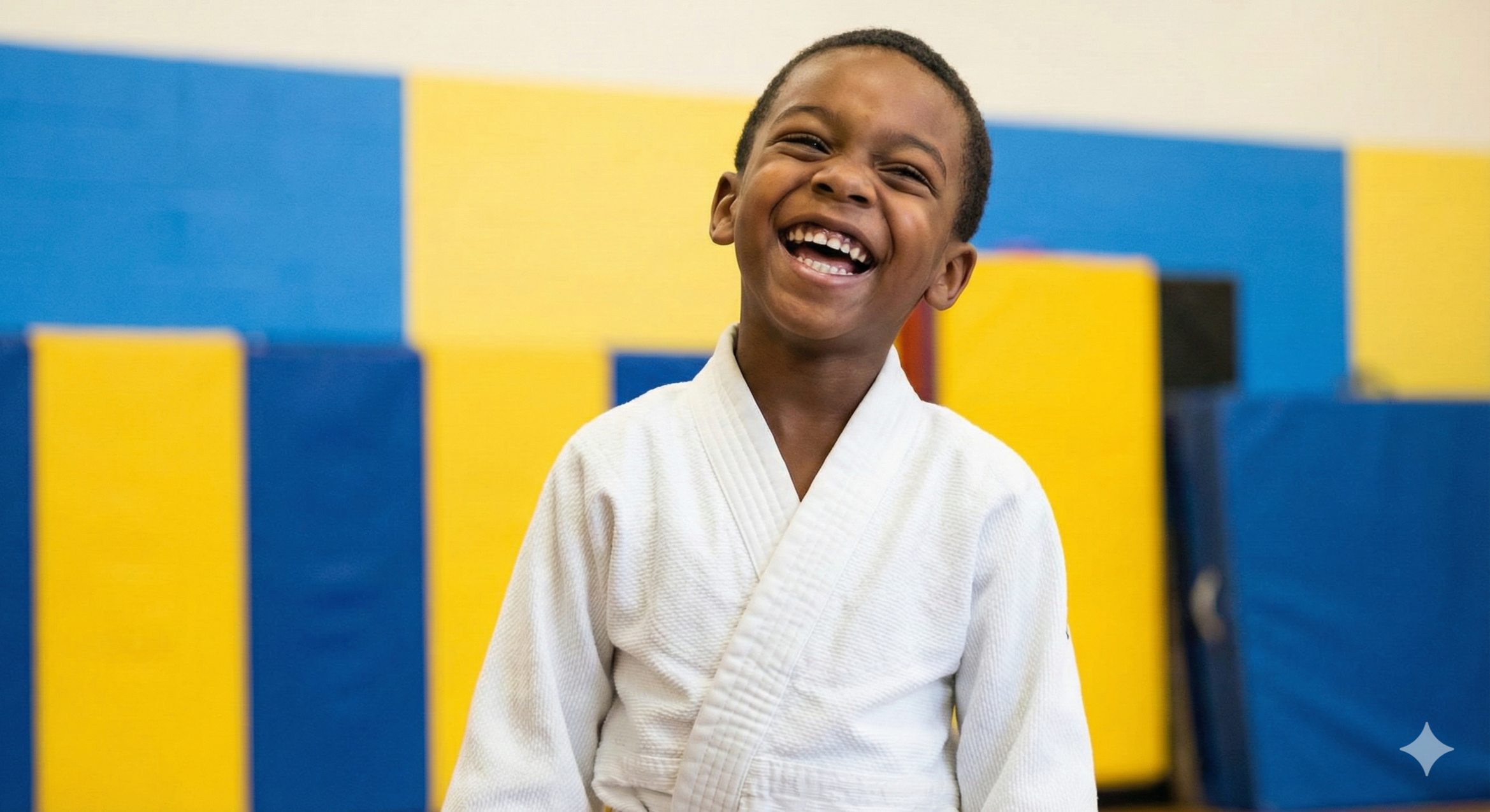 A young boy in a white judo gi, smiling and laughing, standing in front of blue and yellow padded walls, in a martial arts training facility.