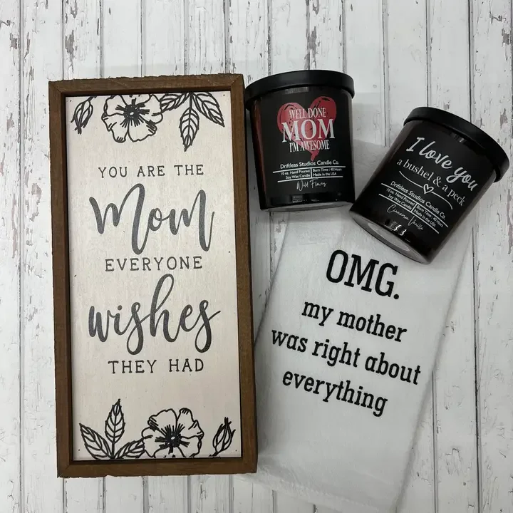 Mother's Gift Set with Tea Towel, Candle & Rustic Wood Sign
