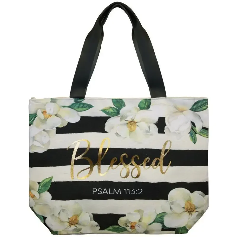 White Magnolias Blessed Psalm 113:2 Canvas Handbag
