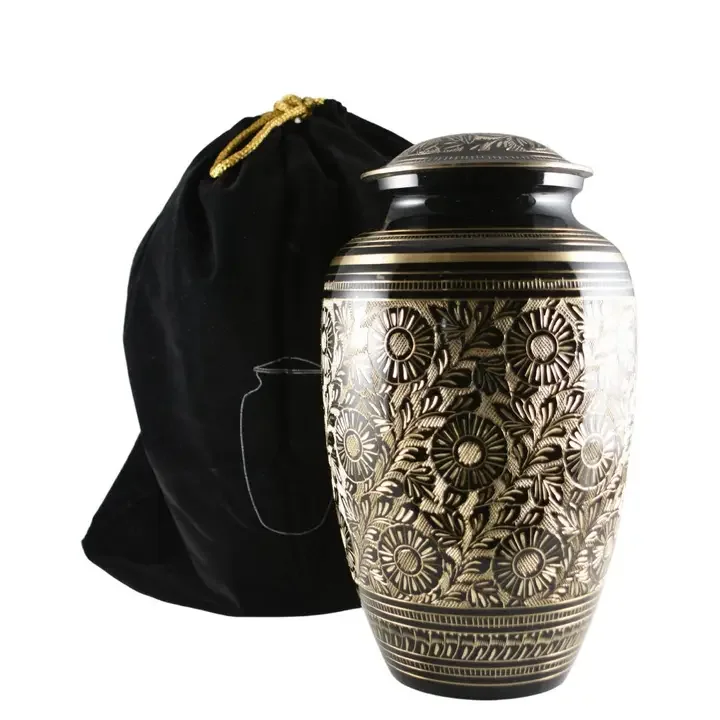 Solid Brass Flower Etched Large Adult Cremation Urn