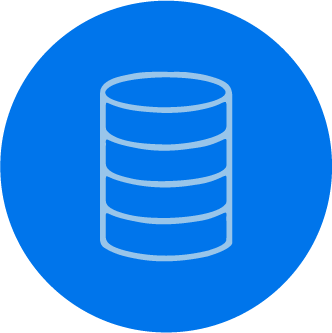 Blue circular icon with a white outline of a database stack.