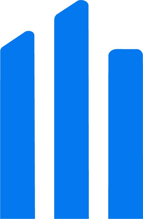 A blue bar chart with three ascending bars of varying heights.