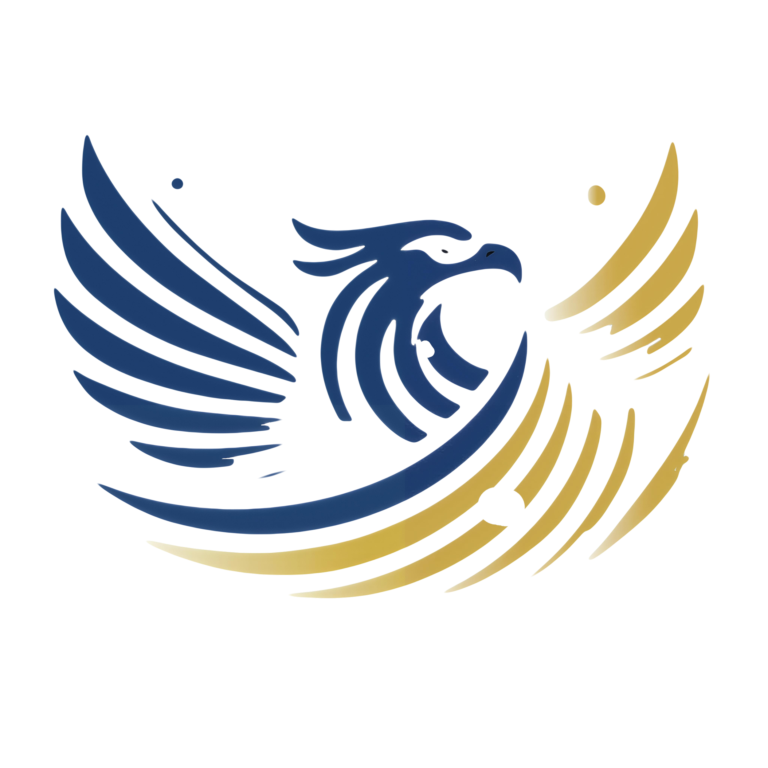 A stylized eagle with outstretched wings in blue and gold, with a dark background.