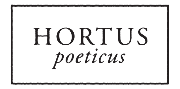 The image shows a black sign with the words 'HORTUS poeticus' in stylized white text, framed by a thin white border.