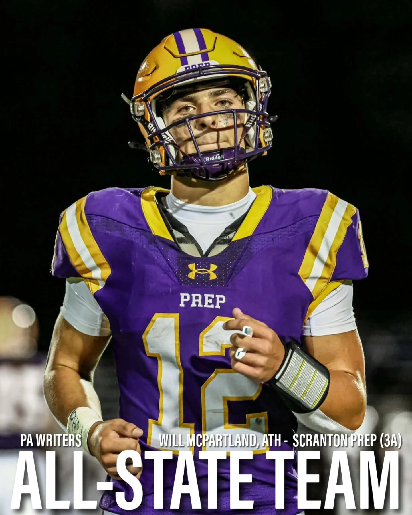 PA WRITERS ALL-STATE | CLASS 3A 🏈

This division was loaded and these three rose above it.

Will McPartland - ATH | Scranton Prep
One of the most dangerous dual-threats in the state.
1,600+ passing yards. Nearly 1,000 rushing yards.
Accounted for 40