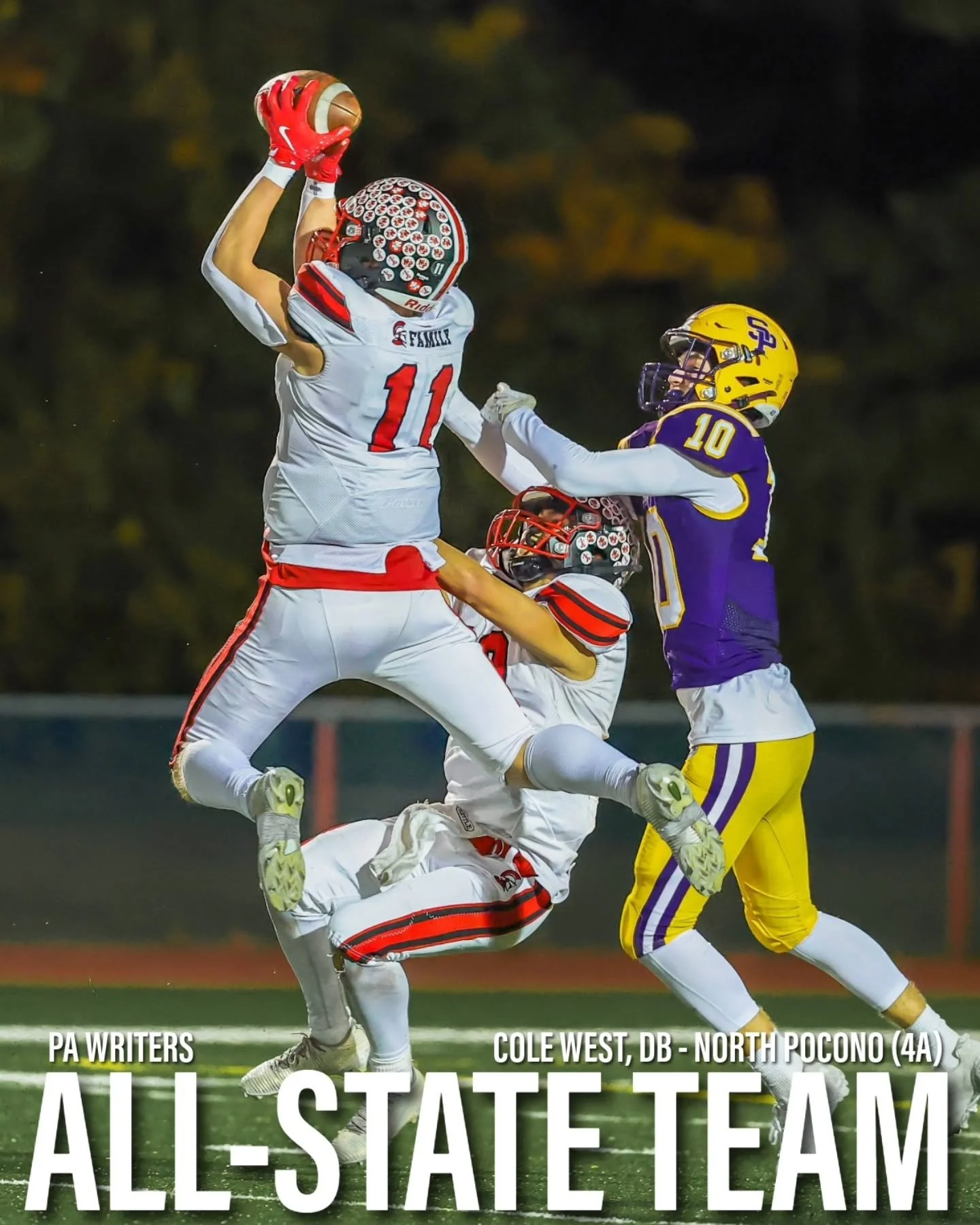 PA WRITERS ALL-STATE | CLASS 4A 🏈 DISTRICT 2

Cole West Jr. - DB | North Pocono Trojans
Game-breaker in every phase.
18 total TDs. Four on special teams. Seven INTs (one to the house), 75 tackles, constant pressure.
Offense. Defense. Special teams. 