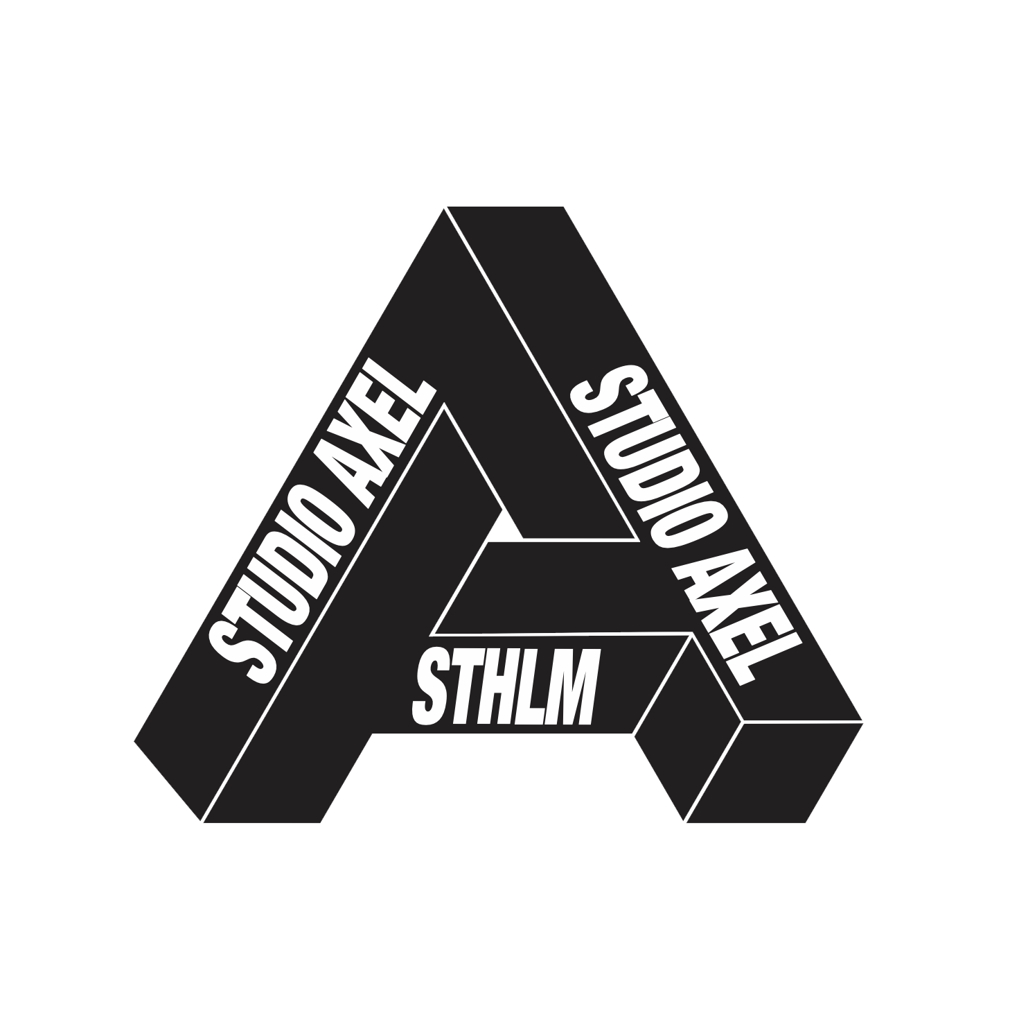 Black and white logo of a three-dimensional triangular shape with the words "STUDIO AKE" on two of its sides and "STHLM" on its bottom side.