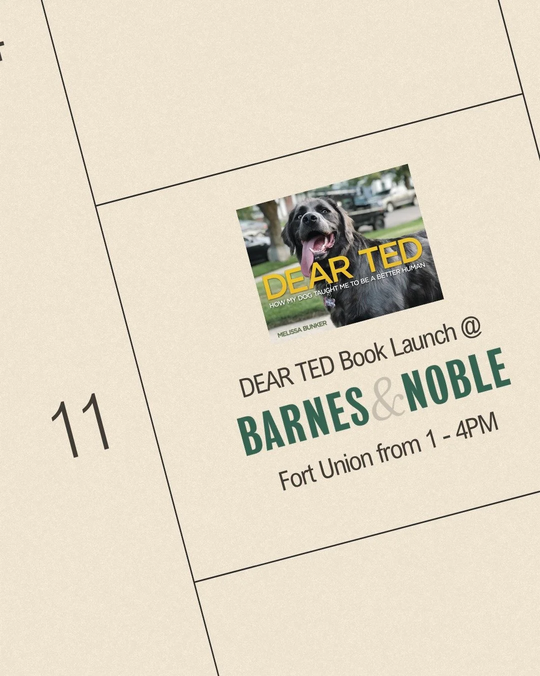 Come join us this Saturday, April 11 at Barnes &amp; Noble Fort Union to celebrate the launch of DEAR TED!

Visit with Ted and get your very own copy signed. All leashed furry friends are welcome. See you there!🐾

1 - 4PM
7119 South 1300 East St
Mid