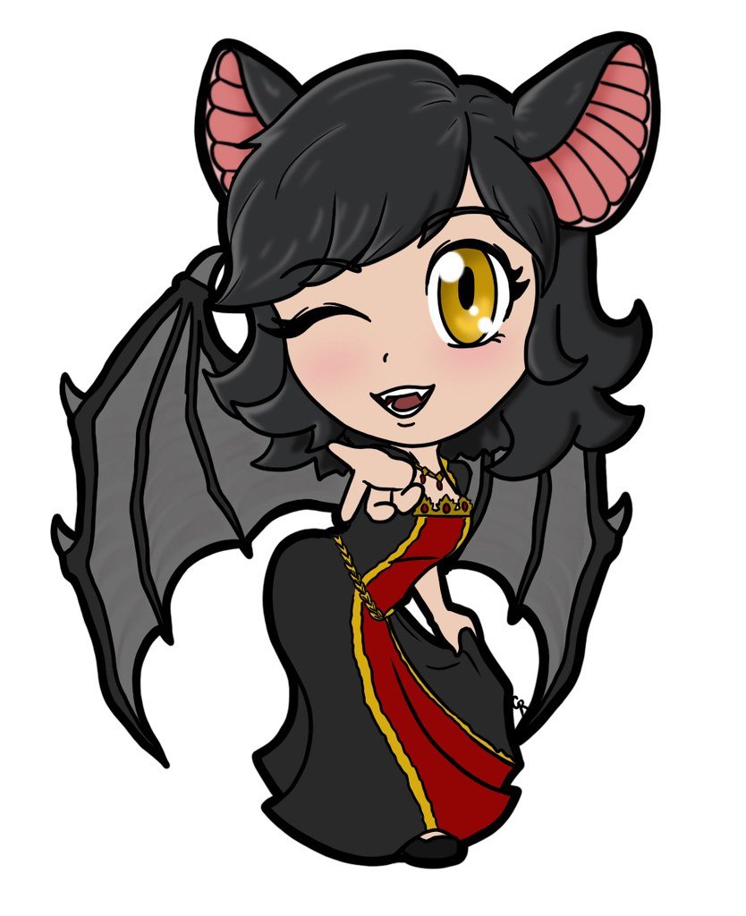 Cartoon character with bat wings, fox ears, black hair, and one eye winking, wearing a black and red dress with gold accents.