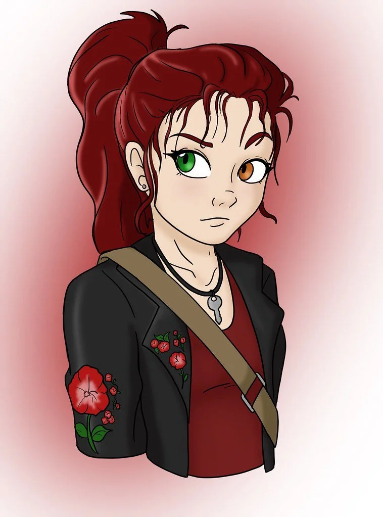 Digital illustration of a young girl with red hair in a high ponytail, heterochromatic eyes (one green, one brown), wearing a black jacket with embroidered red flowers, a red shirt, a cross necklace, and a shoulder bag, against a pink gradient background.
